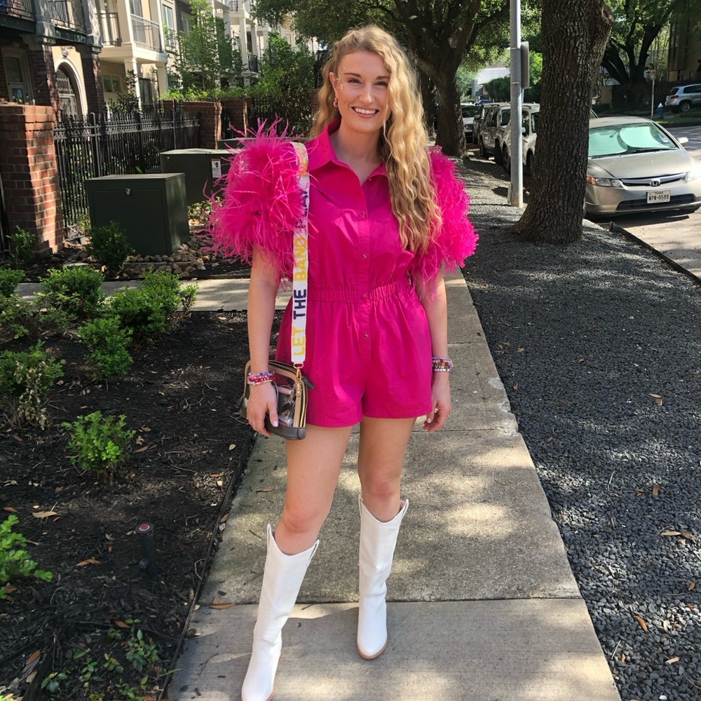 QUEEN OF SPARKLES Pink Feather Sleeve Romper